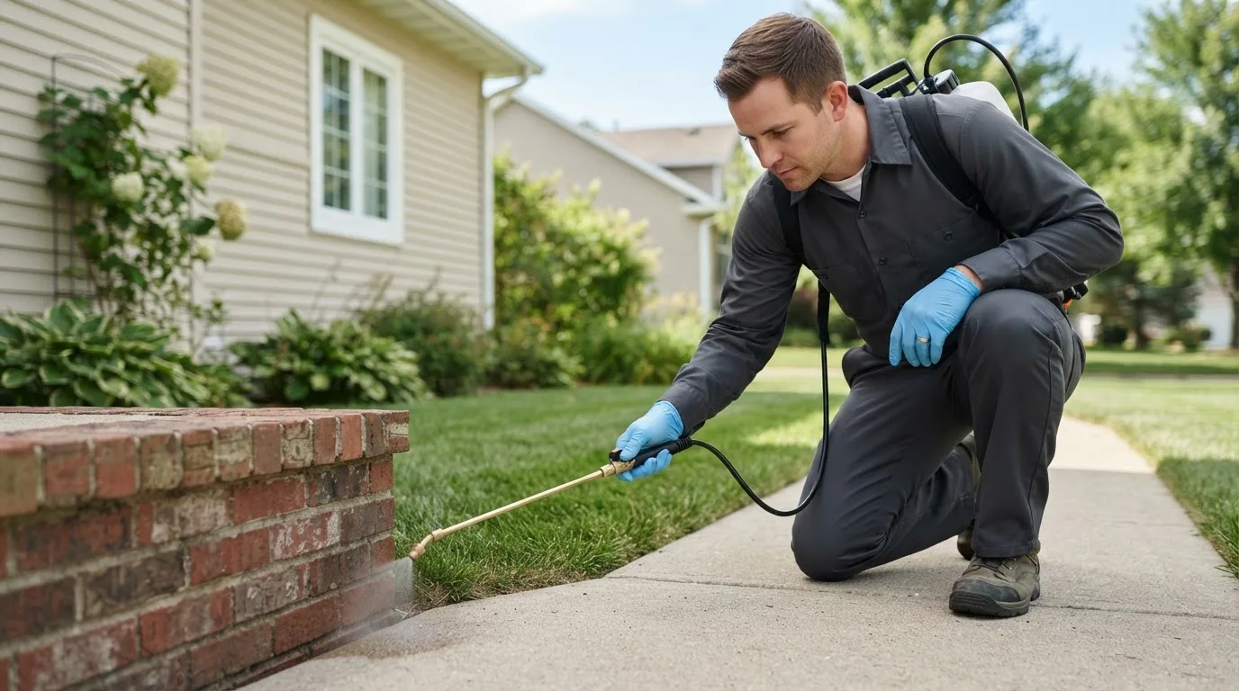 Pest control technician treating a home near Roosevelt, NY