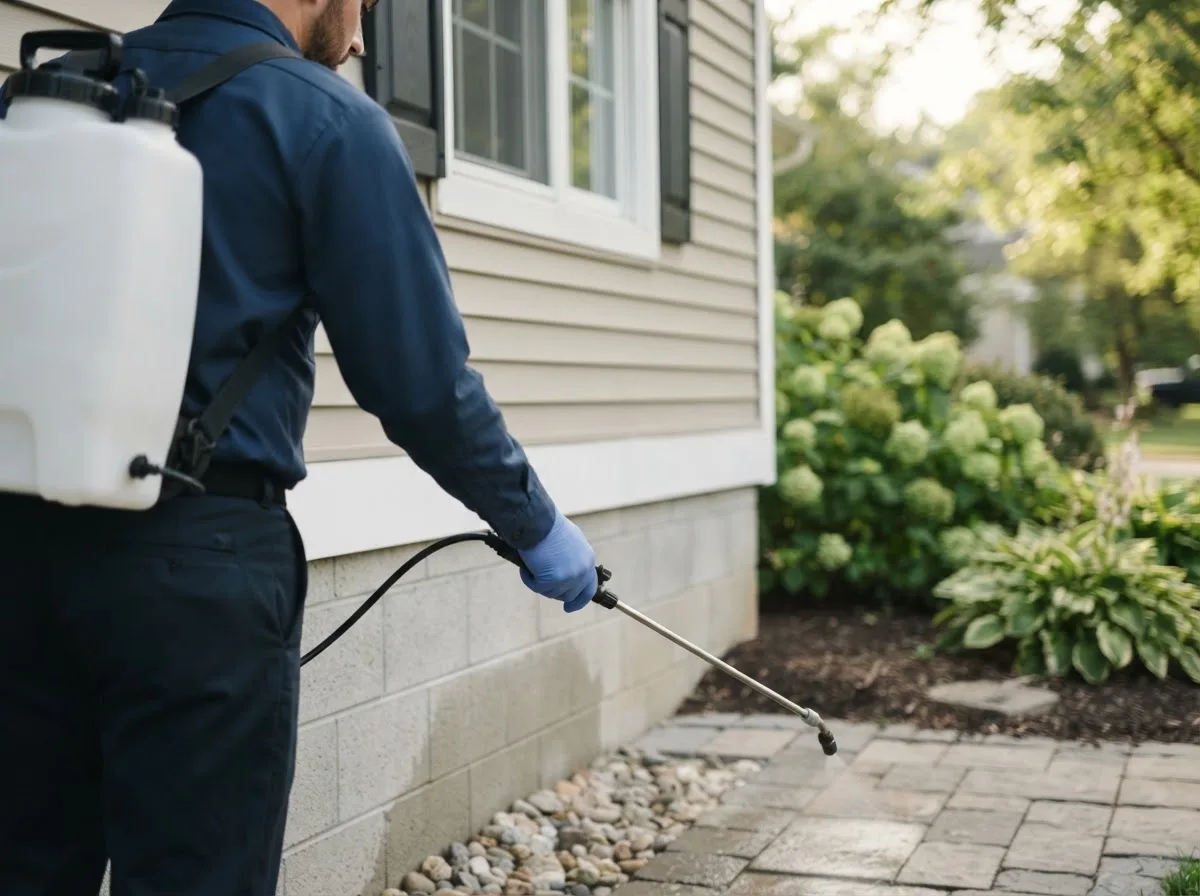 Pest control technician inspecting a home in Roosevelt, NY